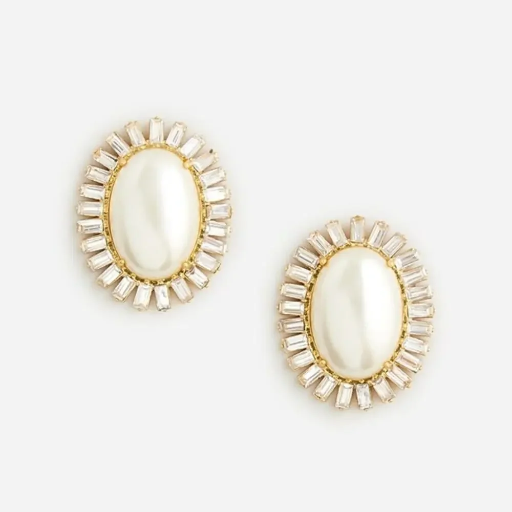 J. Crew Oversized Pearl and Baguette Crystal Statement Stud Earrings Gold NWT